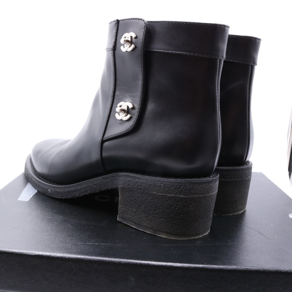 Chanel 40.5 Black Classic Turnlock Silver Logo Rubber Sole Boots Booties C330 - Picture 12 of 16